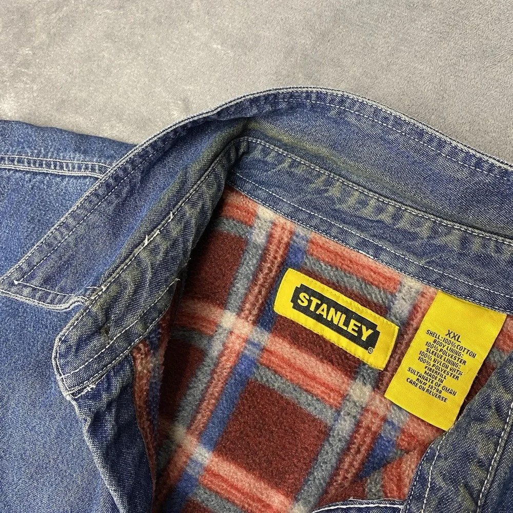 Vtg Stanley Denim Shirt Jacket Mens Sz XXL Blue Plaid Fleece Lined Work Thrashed